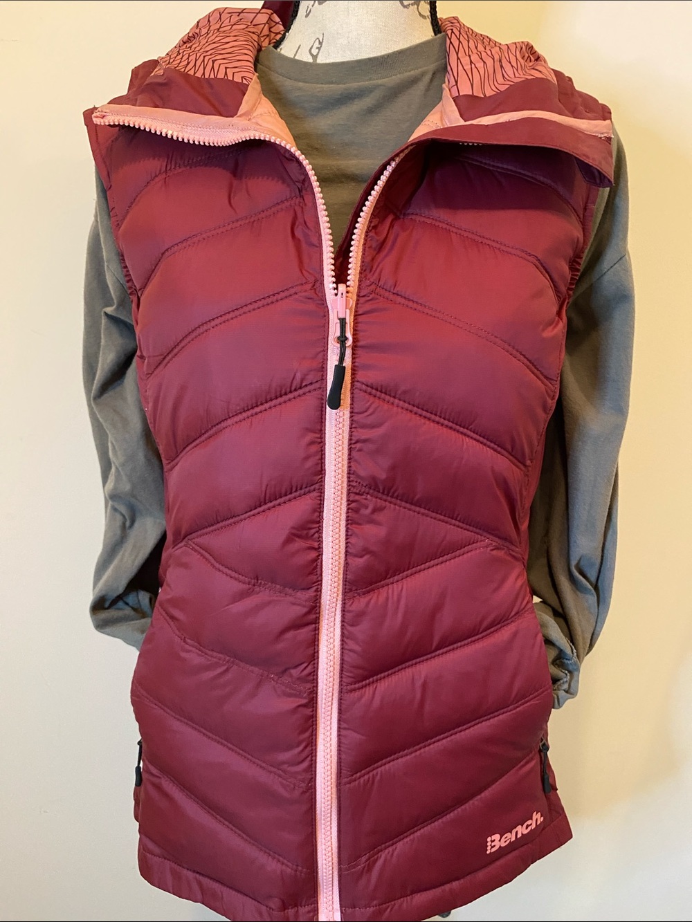 Bench global Urban streetwear UK Hooded Puffer Vest - Burgundy with Pink Trim